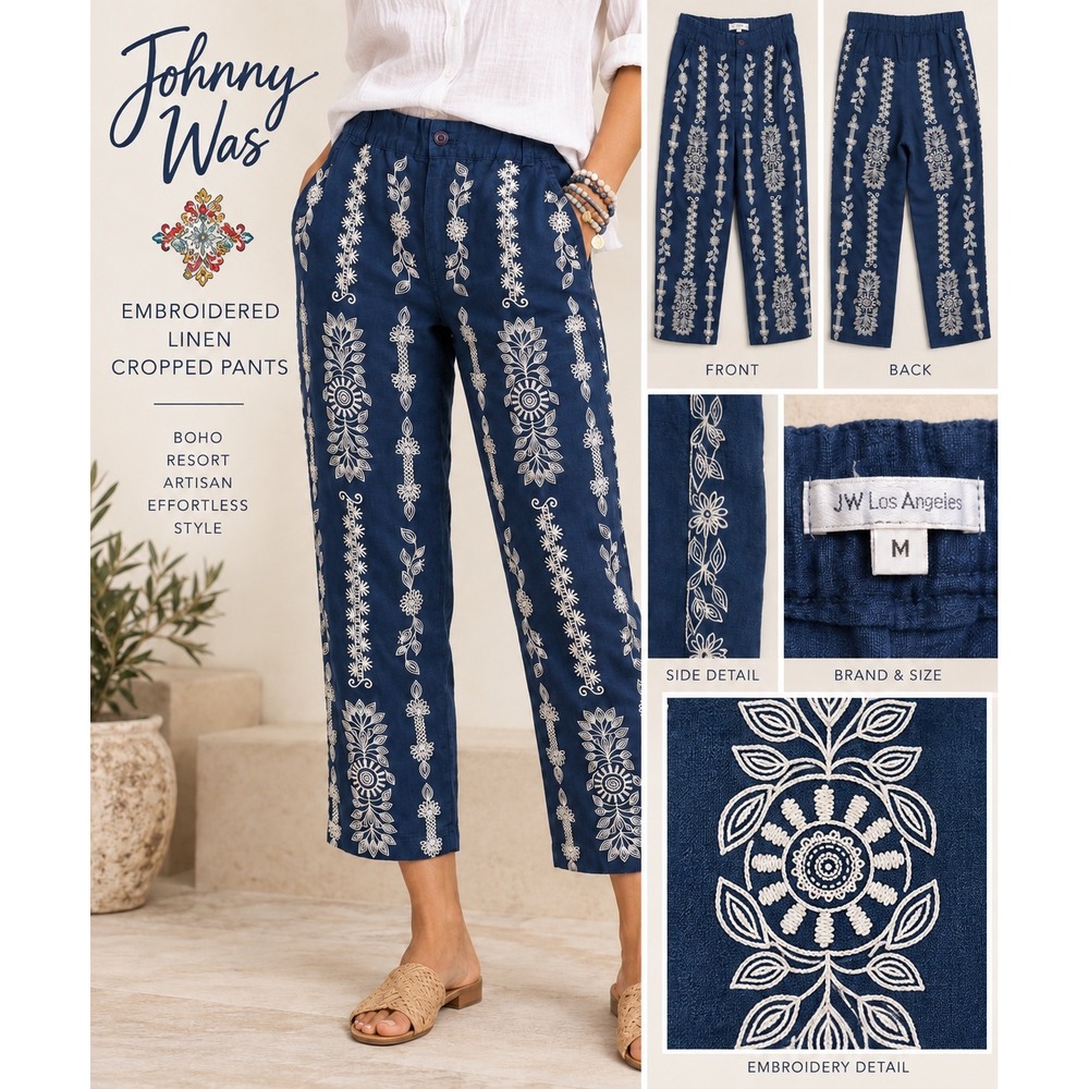 Johnny Was JW Los Angeles Embroidered Linen Cropped Pants Womens M Blue Boho